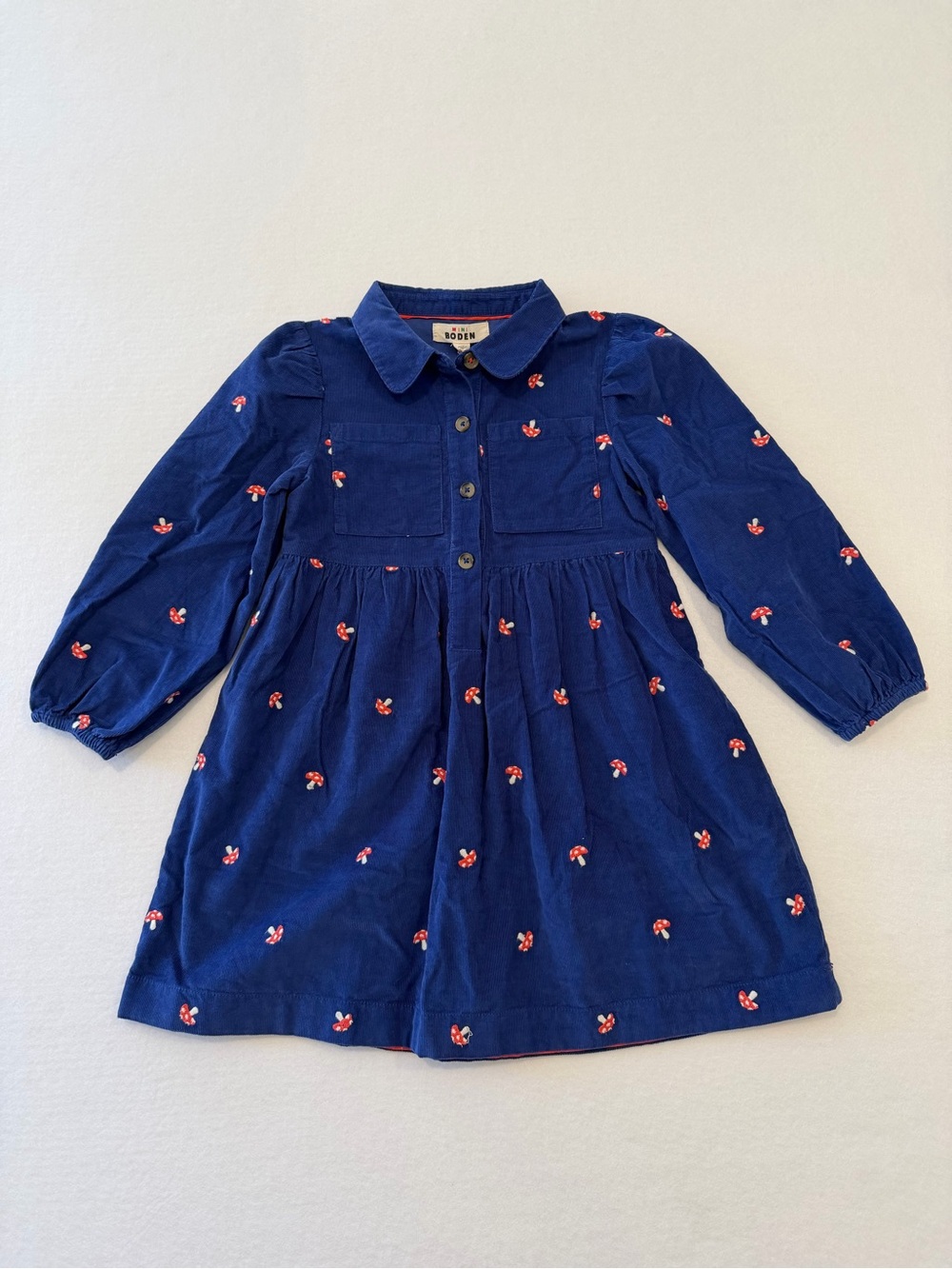 Mini Boden 6-7 Y Girls Blue Embroidered Mushroom Corduroy Dress Brand New